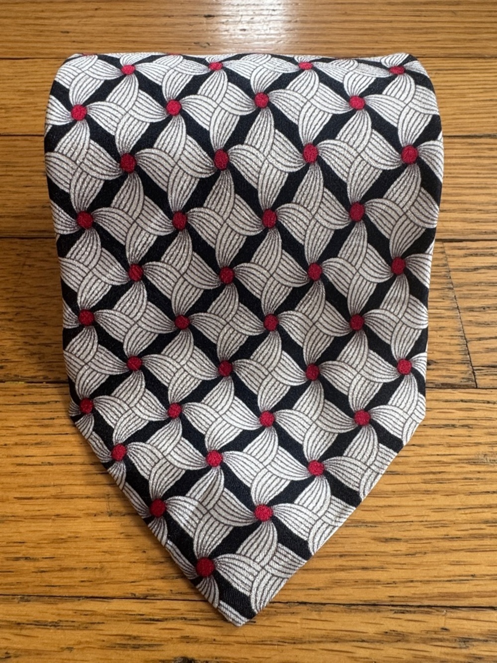 Bally Geometric Silk Tie in Black, White & Red Dot Accents